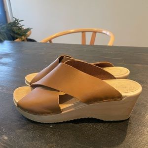 No. 6 Tan Leather Crisscross Wedge Sandals